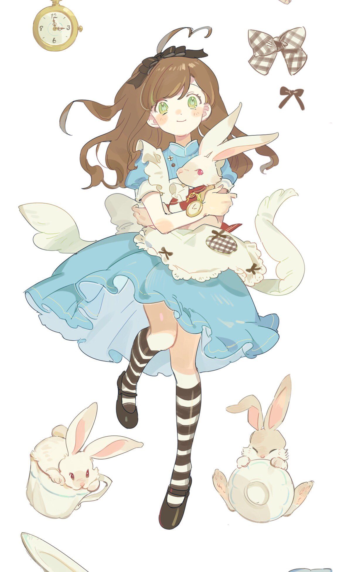 1girl alice_(alice_in_wonderland) alice_in_wonderland antenna_hair apron bad_id bad_twitter_id black_bow black_footwear black_socks blue_dress blue_sleeves blush_stickers bow brown_hair closed_mouth collared_dress cup dress eyelashes frilled_apron frills full_body green_eyes hair_bow heart_antenna_hair highres holding_rabbit iovebly kneehighs long_hair looking_at_viewer mary_janes medium_dress plaid plaid_bow pocket_watch puffy_short_sleeves puffy_sleeves saucer shoes short_sleeves simple_background smile socks solo striped striped_socks teacup two-tone_socks watch white_apron white_background white_socks