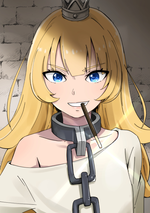 1girl blonde_hair blue_eyes brick_wall chain collar collarbone crown food food_in_mouth glint hair_between_eyes hime-sama_"goumon"_no_jikan_desu hime_(hime-sama_"goumon"_no_jikan_desu) long_hair looking_at_viewer metal_collar mini_crown paramisan parted_lips pocky pocky_day pocky_in_mouth shirt smile solo upper_body white_shirt