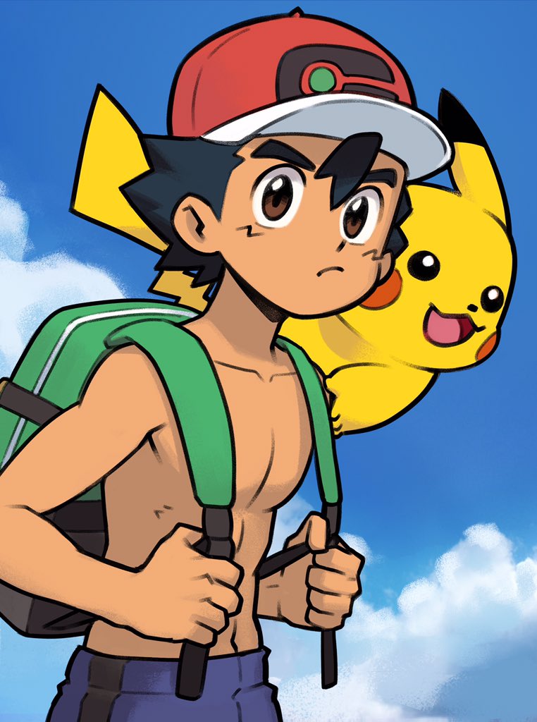 1boy ash_ketchum backpack bag black_hair blue_sky brown_eyes clouds cloudy_sky commentary_request holding holding_bag looking_at_viewer male_focus on_shoulder pikachu pokemon pokemon_(anime) pokemon_(creature) pokemon_journeys pokemon_on_shoulder red_headwear sky topless_male xireeeeee
