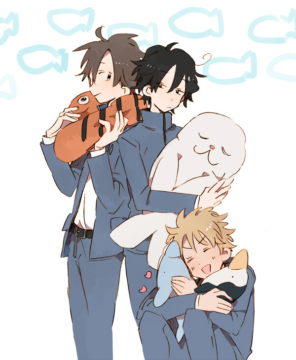 3boys ahoge belt belt_buckle black_belt black_hair blue_jacket blue_sleeves brown_hair buckle closed_eyes closed_mouth collared_jacket crossed_arms feet_out_of_frame fingernails fish_background frown h_kawa heart high_collar holding holding_stuffed_toy hugging_object jacket knees_up layered_sleeves light_blush long_sleeves looking_at_another looking_at_viewer male_focus multiple_boys open_clothes open_jacket open_mouth original school_uniform shirt short_hair simple_background sitting smile stuffed_animal stuffed_dolphin stuffed_fish stuffed_penguin stuffed_seal stuffed_toy v-shaped_eyebrows white_background white_shirt