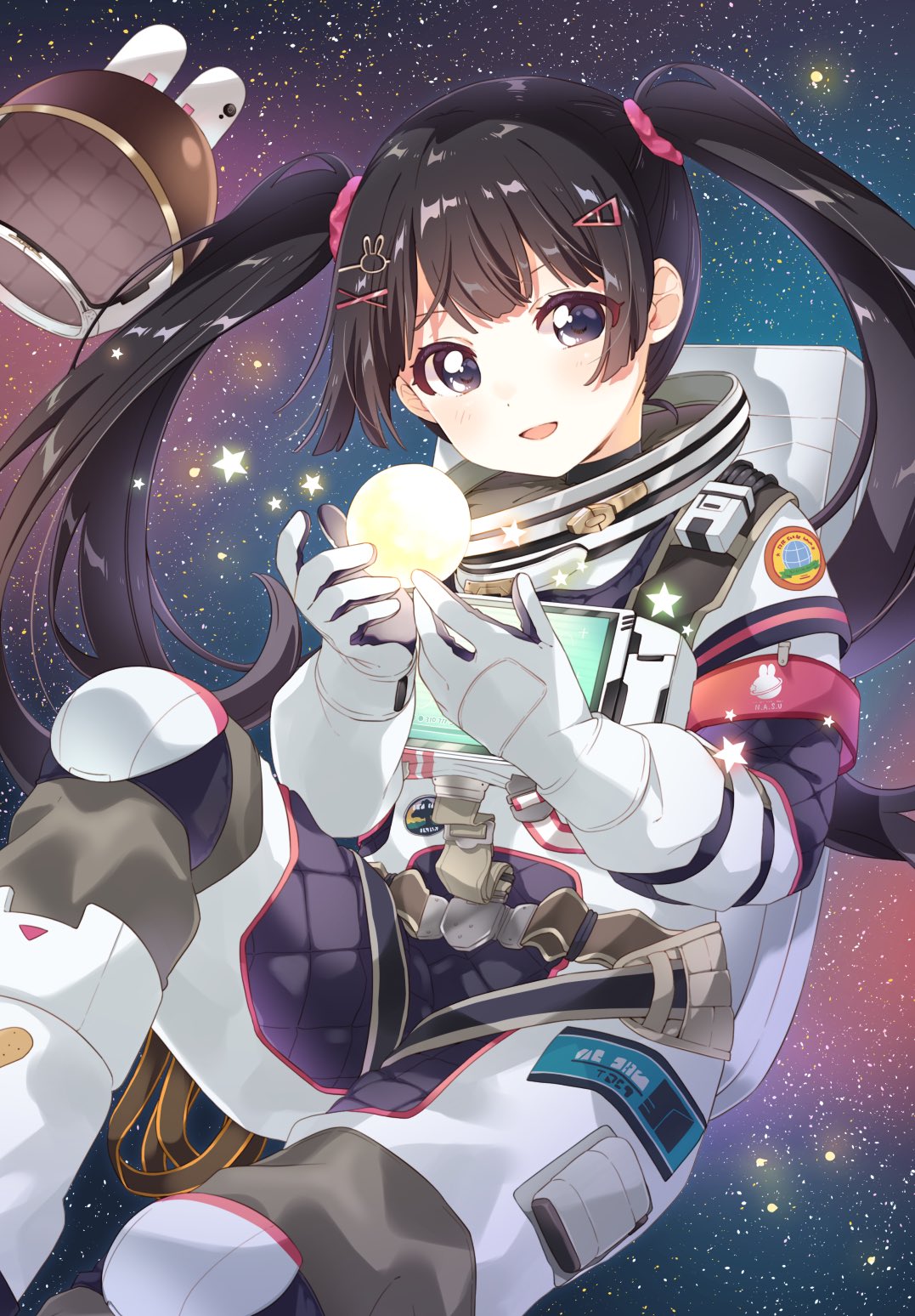 1girl animal_ears animal_print armband astronaut black_eyes black_hair blunt_bangs blunt_ends blush commentary fake_animal_ears floating floating_object full_moon hair_ornament hairclip helmet highres holding_moon long_hair looking_at_viewer mechanical_ears moon namori nijisanji no_headwear official_alternate_costume open_mouth rabbit rabbit_ears rabbit_hair_ornament rabbit_print red_armband screen smile solo space space_helmet spacesuit star_(sky) star_(symbol) starry_background triangle_hair_ornament tsukino_mito twintails virtual_youtuber x_hair_ornament