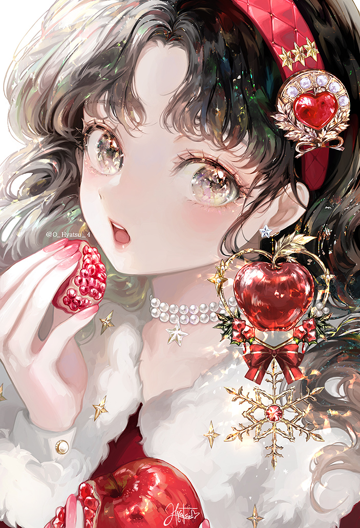 1girl apple bead_necklace beads black_hair capelet earrings food fruit fur_capelet grey_eyes headband holding holding_food holding_fruit jewelry long_hair looking_at_viewer necklace open_mouth parted_bangs pink_nails pla4neta red_headband snow_white snow_white_(grimm) solo star_(symbol) star_earrings