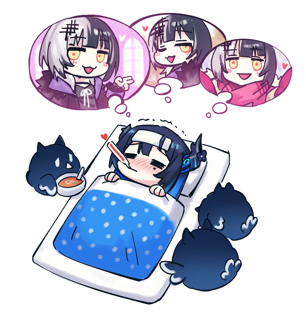 2girls :3 =_= adarin asymmetrical_horns black_coat black_dress black_hair black_horns blue_hair blush bowl chibi closed_eyes closed_mouth coat colored_inner_hair commentary demon_horns dress fever food fur-trimmed_coat fur_trim futon grey_hair hair_ornament heart holding holding_bowl hololive hololive_english horns jailbird_(nerissa_ravencroft) long_hair lying meme mole mole_under_eye multicolored_hair multiple_girls nerissa_ravencroft on_back one_eye_closed open_clothes open_coat open_mouth pov_cheek_warming_(meme) red_scarf scarf shiori_novella sick simple_background smile soup split-color_hair thermometer thought_bubble towel towel_on_head trembling two-tone_hair under_covers uneven_horns v virtual_youtuber white_background worried yellow_eyes