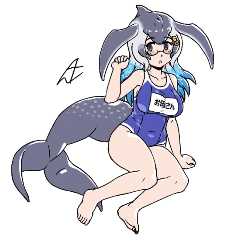 1girl acesrulez alternate_costume anchor_hair_ornament bare_arms bare_legs bare_shoulders barefoot blowhole blue_eyes blue_hair blue_one-piece_swimsuit blue_whale_(kemono_friends) blush cetacean_tail collarbone dorsal_fin fins fish_tail glasses grey_hair hair_between_eyes hair_ornament head_fins kemono_friends long_hair multicolored_hair name_tag navel one-piece_swimsuit school_swimsuit semi-rimless_eyewear sidelocks solo swimsuit tail translation_request whale_girl