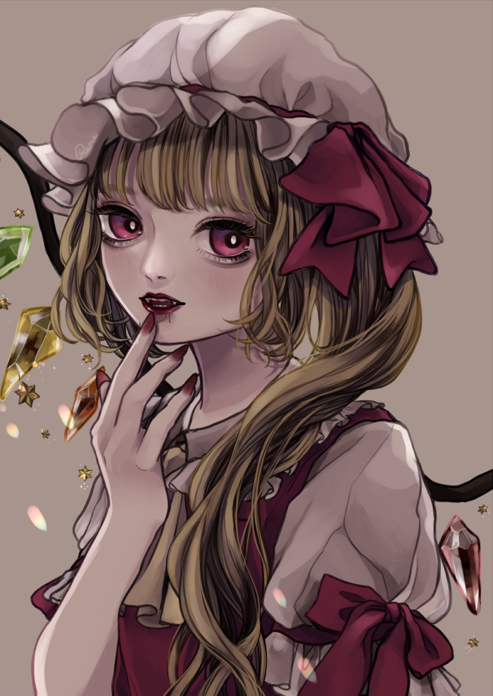 1girl ascot blonde_hair brown_background collared_shirt crystal fangs flandre_scarlet frilled_shirt_collar frills hat long_hair looking_at_viewer mob_cap multicolored_wings nail_polish one_side_up open_mouth puffy_short_sleeves puffy_sleeves red_eyes red_nails red_ribbon red_vest renka913 ribbon shirt short_sleeves sleeve_ribbon solo teeth touhou upper_body vest white_headwear white_shirt wings yellow_ascot