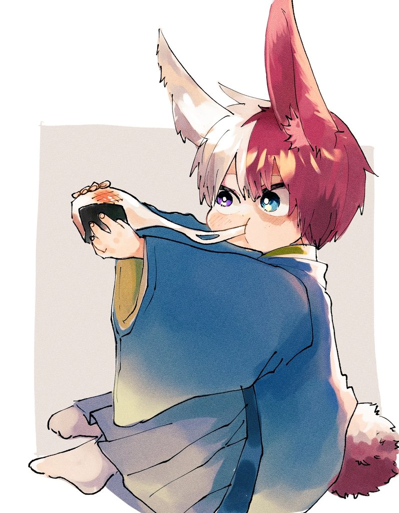 1boy aged_down animal_ears blue_eyes blue_kimono boku_no_hero_academia burn_scar child closed_mouth commentary_request eating food full_body heterochromia hiros_05 holding holding_food japanese_clothes kemonomimi_mode kimono long_sleeves male_focus mochi mochi_trail multicolored_hair rabbit_boy rabbit_ears rabbit_tail redhead scar scar_on_face short_hair simple_background sitting solo split-color_hair tail todoroki_shouto violet_eyes white_hair