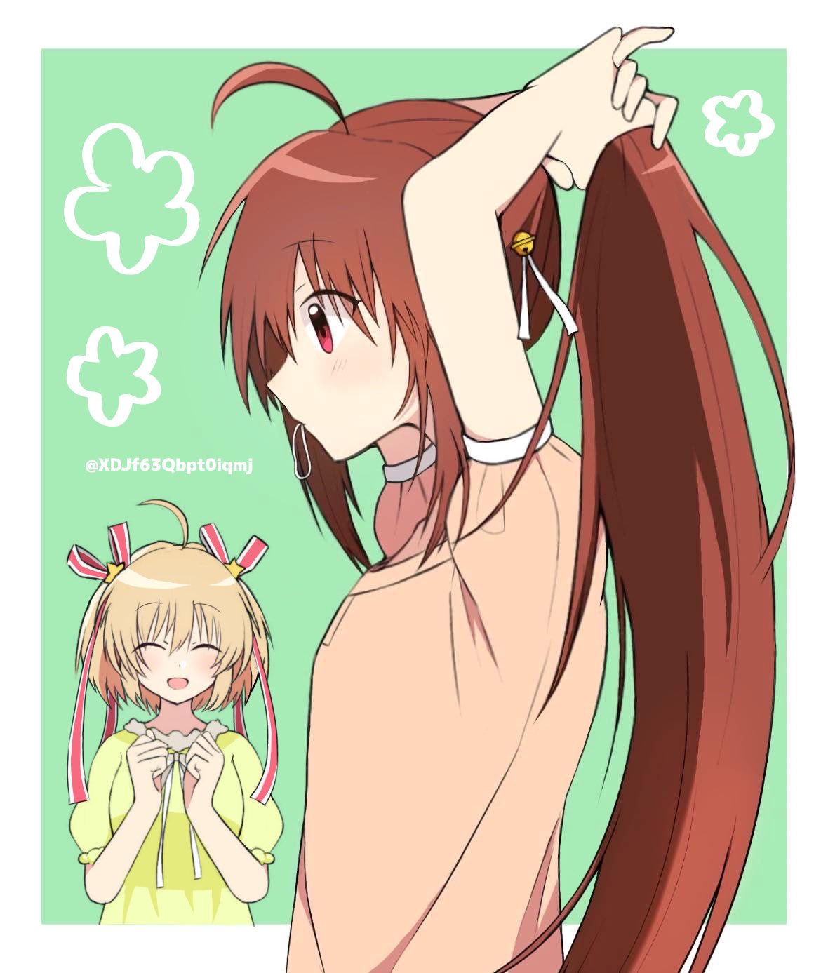 2girls :d ^_^ ahoge alternate_costume arms_up bell blonde_hair blush border brown_hair casual clenched_hands closed_eyes commentary from_side green_background green_shirt hair_bell hair_ornament hair_ribbon hair_tie_in_mouth hairdressing hands_up happy highres jingle_bell kamikita_komari little_busters! long_hair long_ribbon mouth_hold multiple_girls natsume_rin open_mouth orange_shirt ponytail profile red_eyes red_ribbon ribbon shirt short_hair short_sleeves sidelocks simple_background smile solo_focus star_(symbol) star_hair_ornament twitter_username two_side_up upper_body very_long_hair white_border white_ribbon xdjf63qbpt0iqmj