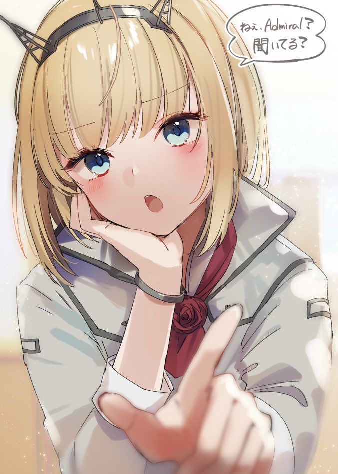 1girl ascot blonde_hair blue_eyes blurry blush depth_of_field headgear index_finger_raised kantai_collection long_sleeves looking_at_viewer one-hour_drawing_challenge open_mouth red_ascot rodney_(kancolle) short_hair solo speech_bubble translation_request uniform upper_body yamashichi_(mtseven)
