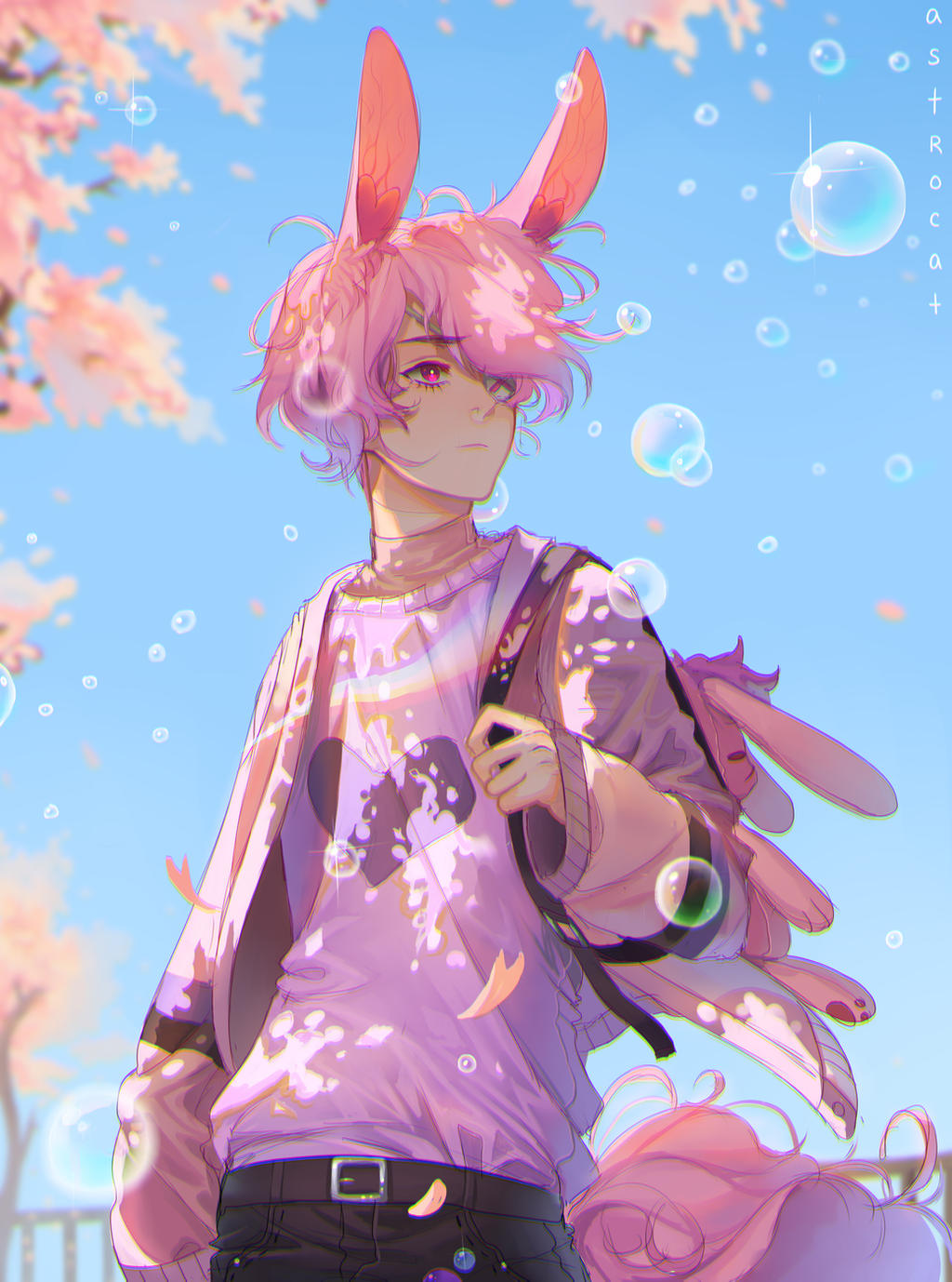 1boy animal_ears artist_name astrocatsama belt belt_buckle black_belt black_pants blue_sky bubble buckle cherry_blossoms closed_mouth commentary commission english_commentary eyelashes eyepatch flower frown hair_over_one_eye heart heart_print highres jacket layered_shirt long_sleeves looking_ahead male_focus messy_hair one-eyed open_clothes open_jacket original outdoors pants pink_eyes pink_flower pink_hair pink_jacket pink_shirt pink_sleeves pink_sweater rabbit_boy rabbit_ears railing rainbow_print shirt short_hair sky solo sparkle strap_pull stuffed_animal stuffed_rabbit stuffed_toy sweater sweater_jacket tree turtleneck wide_sleeves