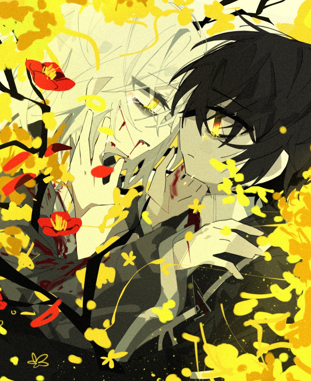1boy 1girl black_coat black_hair blood blood_from_mouth blood_on_face branch camellia coat dongbaek_(project_moon) e.g.o_(project_moon) flower highres korean_clothes lemonail limbus_company project_moon short_hair upper_body white_hair yellow_eyes yellow_flower yi_sang_(project_moon)