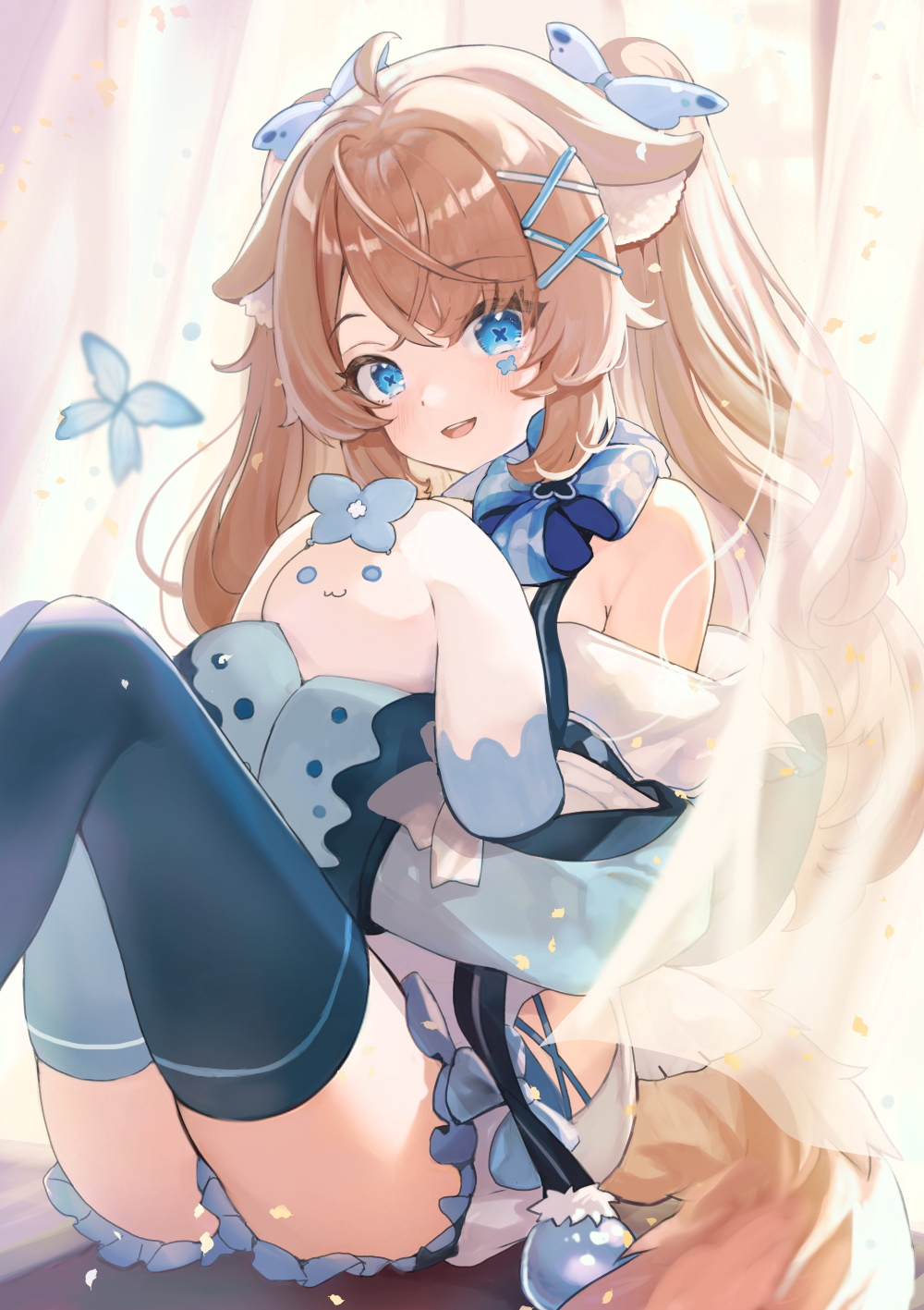 1girl animal_ear_fluff blue_butterfly blue_eyes blue_thighhighs brown_hair bug butterfly enominya_andi facial_mark hair_ornament highres looking_at_viewer melonyx open_mouth sibyl sitting sleeves_past_fingers sleeves_past_wrists smile solo stuffed_animal stuffed_rabbit stuffed_toy thigh-highs twintails virtual_youtuber x_hair_ornament