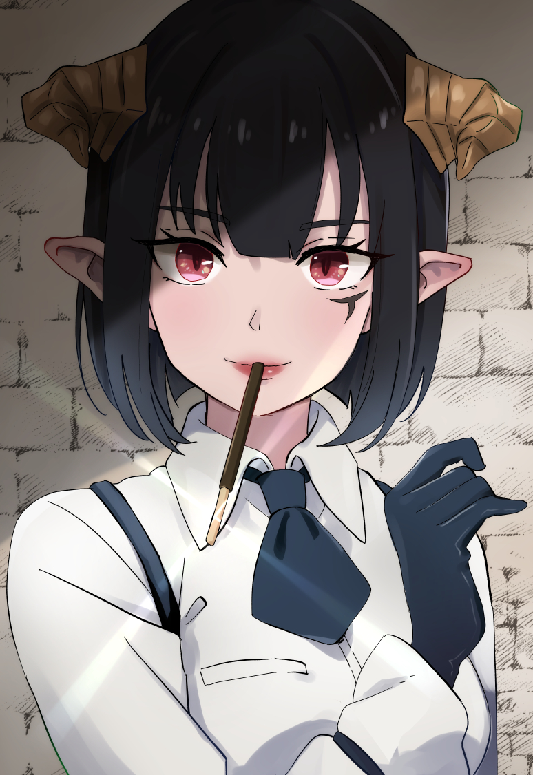 1girl black_gloves black_hair black_necktie bob_cut brick_wall demon_girl demon_horns facial_mark food food_in_mouth glint gloves hair_between_eyes hime-sama_"goumon"_no_jikan_desu horns lipstick long_sleeves looking_to_the_side makeup necktie paramisan pocky pocky_day pocky_in_mouth pointy_ears red_eyes shirt short_hair slit_pupils solo torture_(hime-sama_"goumon"_no_jikan_desu) upper_body white_shirt