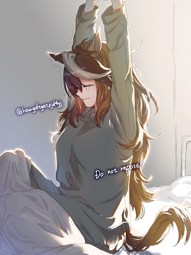 1girl animal_ears arms_up bed blanket brown_hair closed_eyes closed_mouth commentary_request english_text grey_sweater hair_between_eyes horse_ears horse_girl horse_tail long_sleeves multicolored_hair omotil on_bed solo streaked_hair stretching sweater symboli_rudolf_(umamusume) tail twitter_username umamusume waking_up white_hair