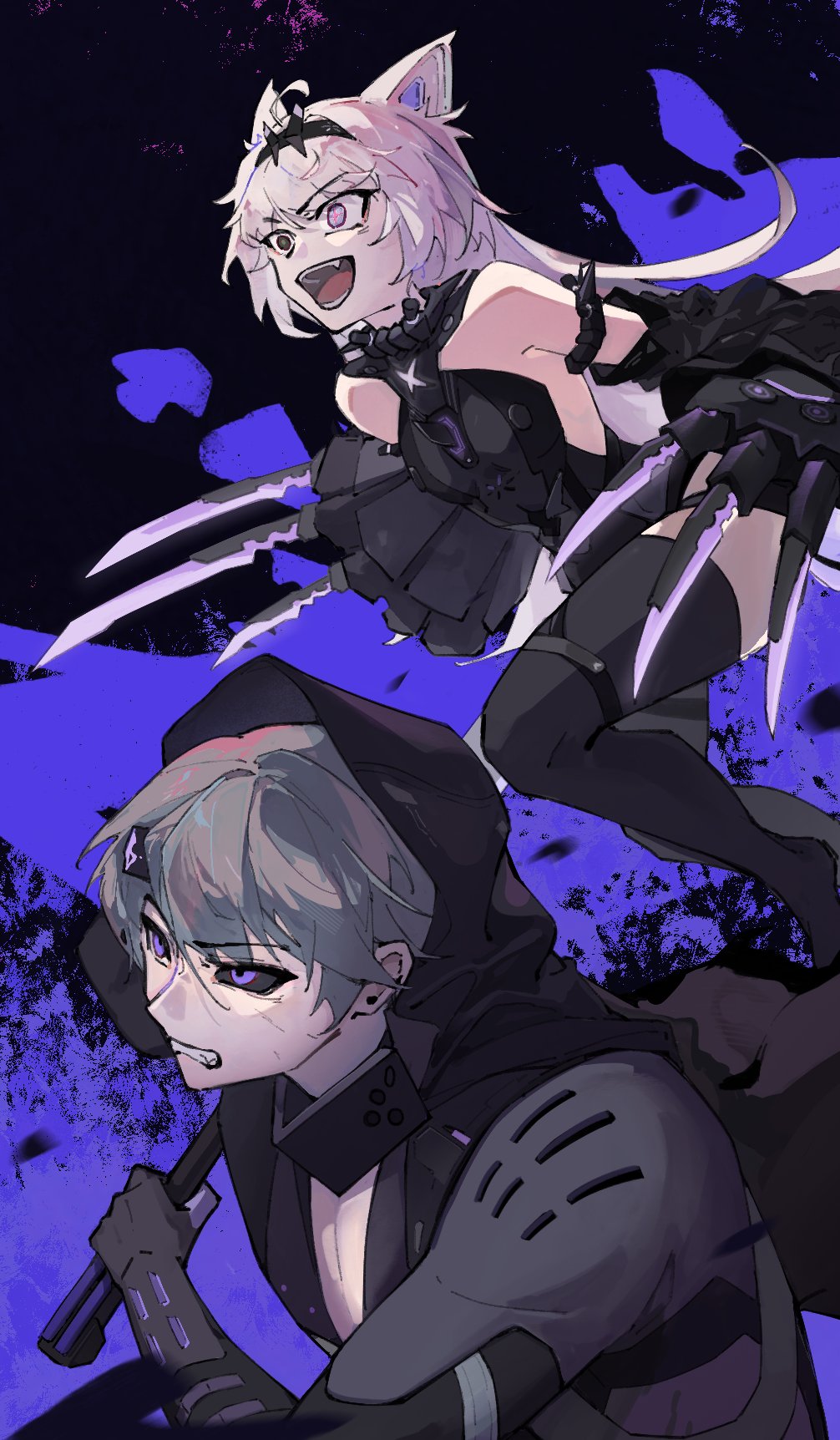 1boy 1girl ahoge animal_ears armlet bare_shoulders black_bodysuit black_hairband black_hood black_horns black_sclera black_thighhighs bodysuit broken_horn camu:_crocotta_(punishing:_gray_raven) camu_(punishing:_gray_raven) claws colored_sclera cross-shaped_pupils detached_sleeves evil_smile flat_chest fructose grey_eyes grey_hair grin hairband heterochromia highres holding holding_weapon horns long_hair mechanical_ears mechanical_hands messy_hair mismatched_pupils no.21:_feral_scent_(punishing:_gray_raven) no.21_(punishing:_gray_raven) open_mouth punishing:_gray_raven short_hair sidelocks single_horn sleeves_past_wrists smile symbol-shaped_pupils thigh-highs unkempt violet_eyes weapon wolf_ears