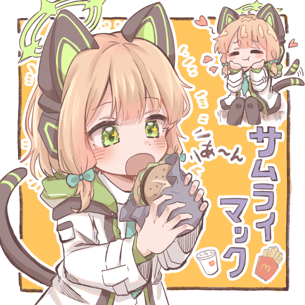 1girl animal_ear_headphones animal_ears blonde_hair blue_archive blue_necktie blush border bow burger cat_ear_headphones cat_tail chewing closed_eyes collared_shirt drink eating fake_animal_ears food french_fries green_eyes hair_bow halo hands_on_own_face headphones holding holding_food hood hooded_jacket imminent_bite jacket long_sleeves loving_aura mcdonald's midori_(blue_archive) multicolored_clothes multicolored_jacket multiple_views necktie open_clothes open_jacket open_mouth shirt short_hair simple_background sitting smile sorap_128 standing tail thigh-highs white_border wrapper