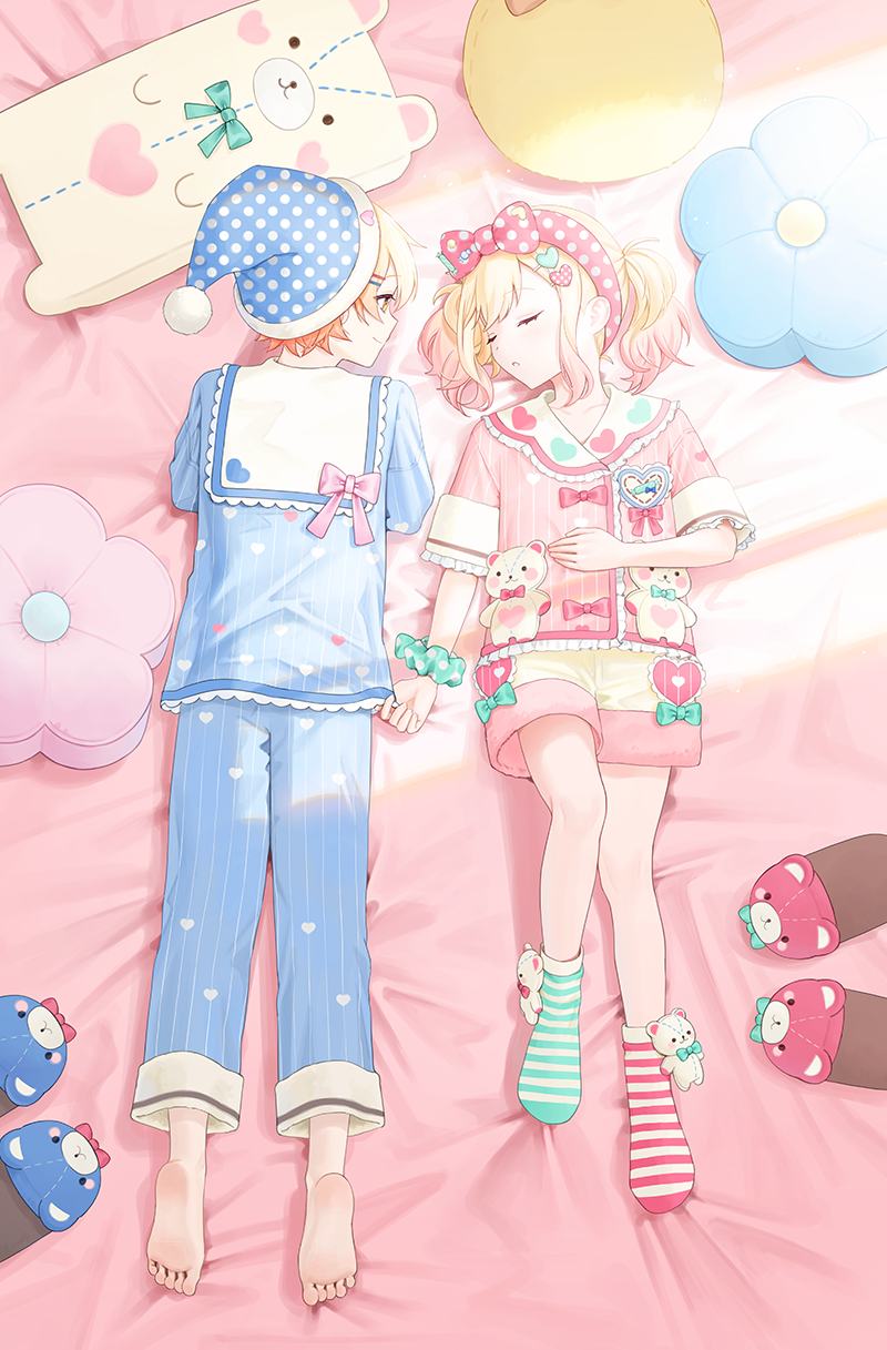 1boy 1girl 2_(tsvf3235) barefoot blonde_hair blue_pajamas bow brother_and_sister closed_mouth gradient_hair hair_bow hair_ornament hairclip hat heart heart_print highres looking_at_another lying mismatched_socks multicolored_hair nightcap on_back on_bed on_stomach open_mouth orange_eyes orange_hair pajamas pillow pink_hair pink_pajamas polka_dot project_sekai scrunchie short_hair siblings sleeping slippers smile socks striped striped_socks stuffed_toy tenma_saki tenma_tsukasa twintails wrist_scrunchie yellow_eyes