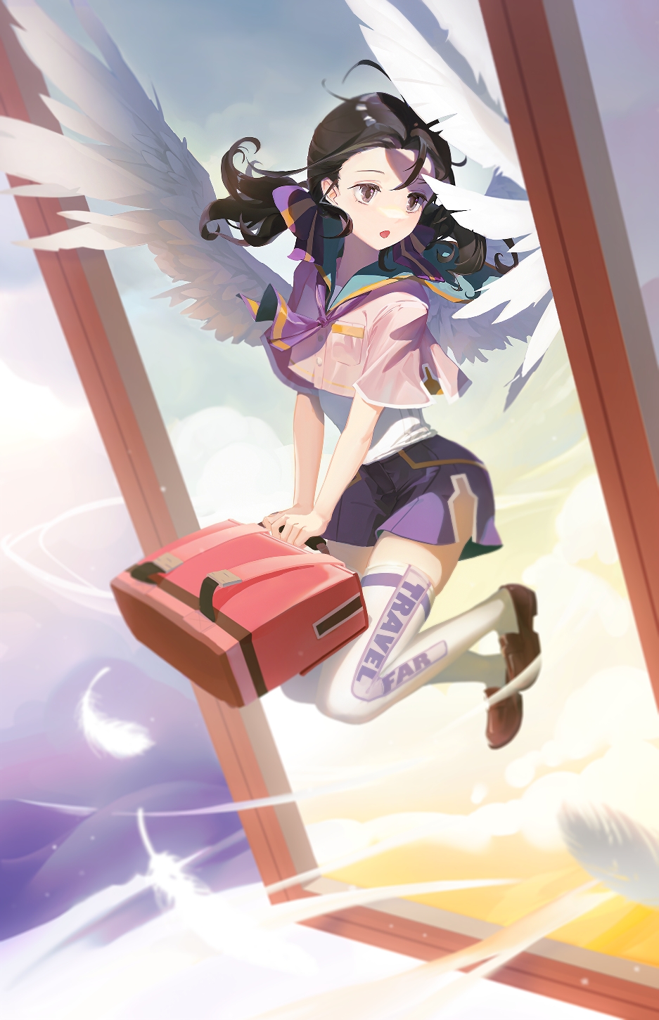 1girl akane_(pixiv43480366) bag black_hair bow brown_footwear feathered_wings feathers floating grey_eyes hair_bow highres holding holding_bag medium_hair original purple_shorts sailor_collar school_bag short_sleeves shorts sky solo thigh-highs twintails white_thighhighs white_wings wings