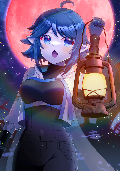 1girl ahoge black_pants black_shirt blue_eyes blue_gloves blue_hair breasts commentary_request commission copyright_request covered_navel cropped_jacket fang full_moon gloves grey_jacket hair_between_eyes hand_up holding holding_lantern jacket kou_hiyoyo lantern long_sleeves looking_at_viewer medium_breasts moon night night_sky open_mouth pants pointy_ears puffy_long_sleeves puffy_sleeves red_moon shirt skeb_commission sky solo star_(sky) starry_sky virtual_youtuber