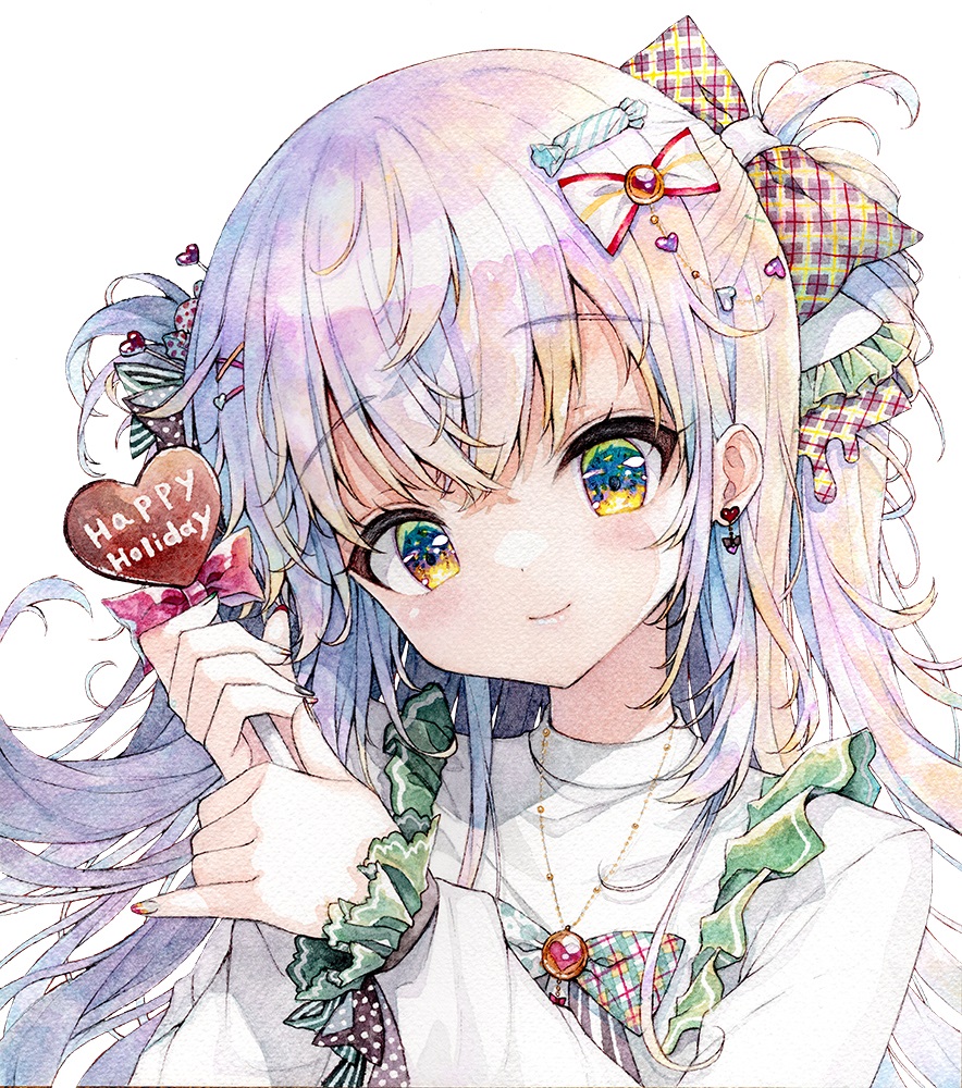 1girl black_bow black_nails blue_eyes bow candy closed_mouth comiket_103 commentary_request food frilled_sleeves frills grey_hair hair_between_eyes hair_bow hands_up happy_holidays head_tilt heart heart_lollipop holding holding_candy holding_food holding_lollipop lollipop long_sleeves looking_at_viewer mizuki_yuuma multicolored_nails nail_art original painting_(medium) plaid plaid_bow polka_dot polka_dot_bow puffy_long_sleeves puffy_sleeves red_bow red_nails shaped_lollipop simple_background sleeves_past_wrists smile solo suit traditional_media two_side_up upper_body watercolor_(medium) white_background white_suit