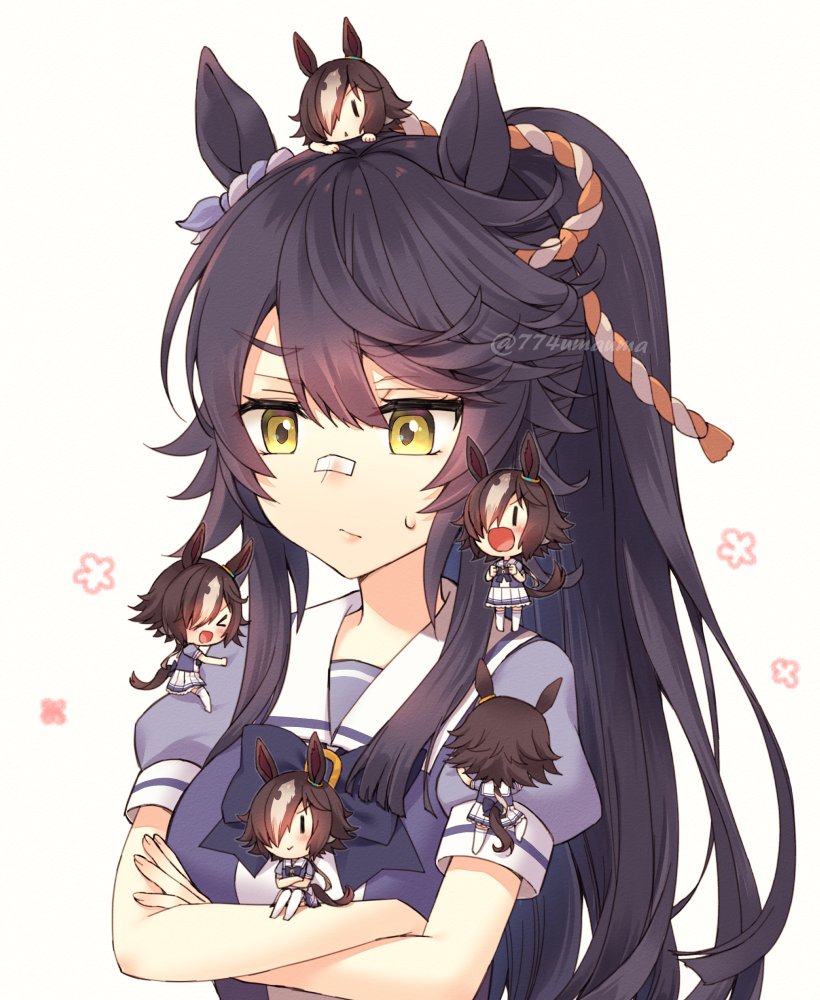 &gt;_o 2girls animal_ears back_bow bandaid bandaid_on_face bandaid_on_nose black_hair bow brown_hair chibi climbing closed_mouth commentary_request crossed_arms ear_ornament hair_between_eyes hair_ornament horse_ears horse_girl horse_tail long_hair multiple_girls nanashi_(774umauma) narita_brian_(umamusume) one_eye_closed open_mouth pleated_skirt ponytail puffy_short_sleeves puffy_sleeves purple_bow purple_shirt rope sailor_collar school_uniform shimenawa shirt short_sleeves simple_background sitting skirt smile sweatdrop tail thigh-highs tracen_school_uniform umamusume vodka_(umamusume) white_background white_skirt white_thighhighs yellow_eyes