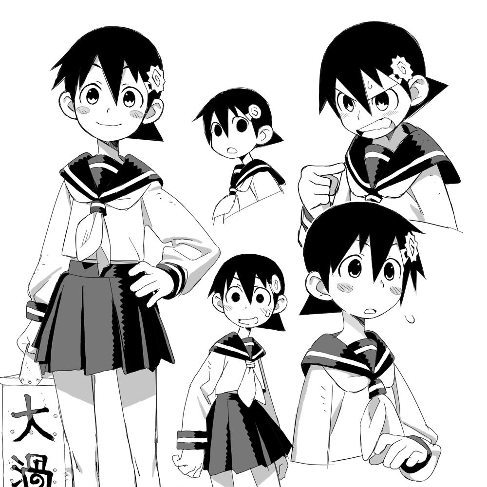 1girl angry black_skirt blush_stickers clenched_teeth cropped_torso expressions food food-themed_hair_ornament greyscale hair_between_eyes hair_ornament hand_on_own_hip kamaboko kondoo monochrome narutomaki neckerchief nervous_smile open_mouth original sailor_collar school_uniform serafuku short_hair skirt smile solo teeth