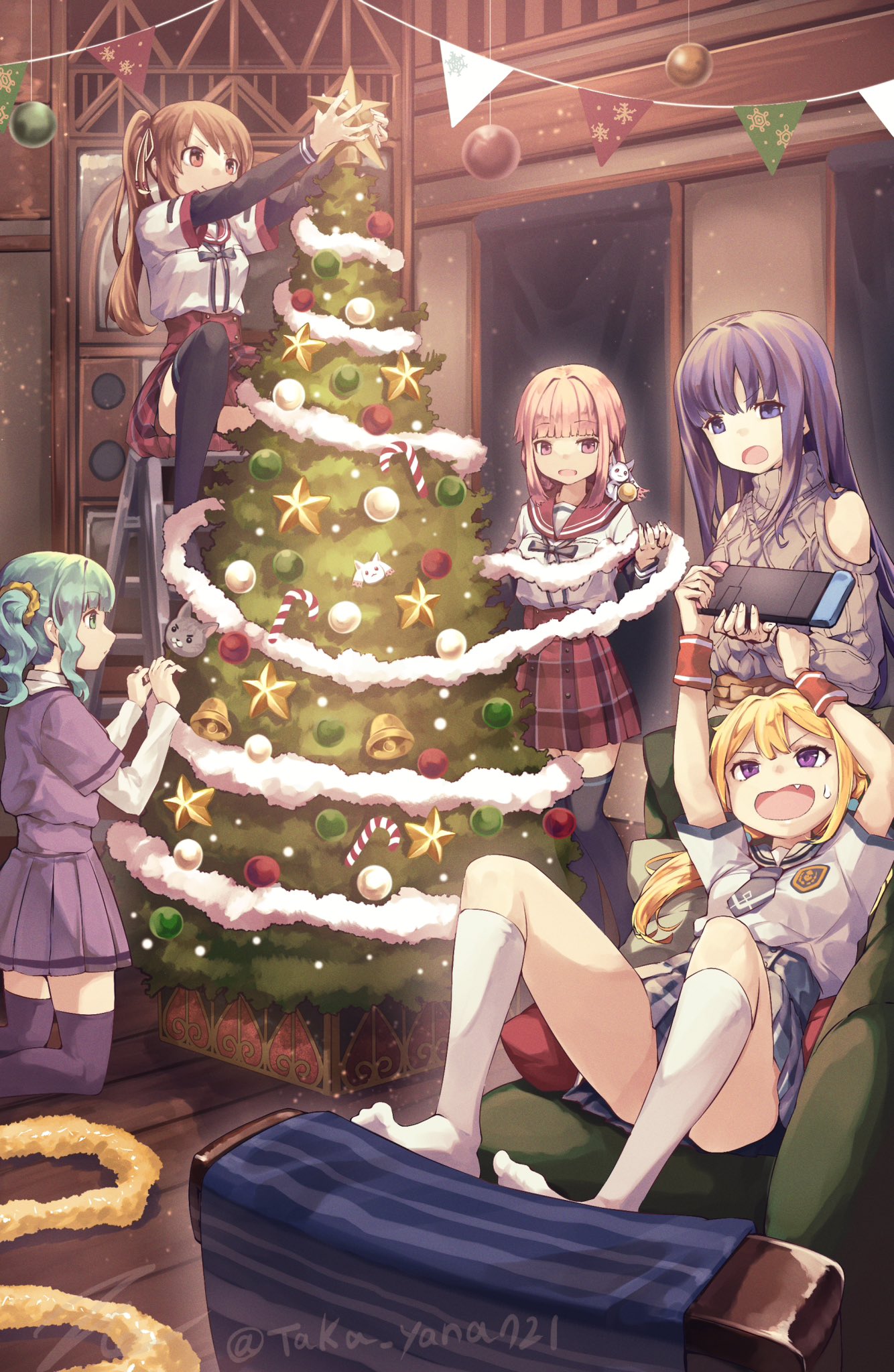 5girls :d :o aqua_eyes aqua_hair arms_up bell black_thighhighs blonde_hair blue_eyes blue_hair blue_necktie blue_skirt blue_socks blunt_bangs box braid breast_pocket brown_eyes brown_hair buttons candy carpet center_frills chair christmas christmas_lights christmas_ornaments christmas_tree clothing_cutout collared_shirt convenient_leg couch detached_sleeves dot_nose dress dutch_angle fang food frilled_shirt frilled_skirt frilled_sleeves frills fur-trimmed_sleeves fur_trim futaba_sana gift gift_box green_eyes green_hair grey_shirt hair_between_eyes hair_ornament hair_ribbon hair_scrunchie handheld_game_console highres holding indoors jewelry kamihama_university_affiliated_school_uniform kneehighs kneeling knees_up layered_sleeves light_particles long_hair long_sleeves looking_at_another looking_at_object low_ponytail low_twintails lying magia_record:_mahou_shoujo_madoka_magica_gaiden magical_girl mahou_shoujo_madoka_magica medium_hair miniskirt mitsuki_felicia multiple_girls nanami_yachiyo neck_ribbon necktie nintendo_switch no_shoes on_back on_couch on_floor open_mouth over-kneehighs parted_lips pennant pink_eyes pink_hair plaid plaid_skirt playing_games pleated_skirt pocket ponytail puffy_sleeves purple_hair purple_ribbon purple_shirt purple_skirt purple_thighhighs reclining red_sailor_collar red_skirt ribbed_sweater ribbon ring sailor_collar sailor_shirt school_uniform scrunchie serafuku shirt short_necktie short_over_long_sleeves short_sleeves shoulder_cutout side_braids side_ponytail sidelocks sitting skirt smile socks standing star_(symbol) string_of_flags striped sweater swept_bangs taka.yana tamaki_iroha thigh-highs turtleneck turtleneck_sweater twin_braids twintails twitter_username v-shaped_eyebrows very_long_hair violet_eyes wavy_hair wavy_mouth white_shirt white_socks window wooden_floor worried wrist_cuffs wristband yellow_scrunchie yui_tsuruno zettai_ryouiki