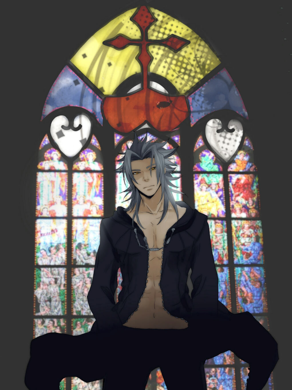 abs black_coat black_coat_(kingdom_hearts) black_gloves black_pants coat commentary_request gloves grey_hair highres hood hood_down hooded_coat indoors kingdom_hearts kingdom_hearts_ii long_coat long_hair long_sleeves minatoya_mozuku muscular muscular_male nobody_(kingdom_hearts) open_clothes open_coat organization_xiii pants pectorals serious spiky_hair stained_glass standing unzipped xemnas yellow_eyes