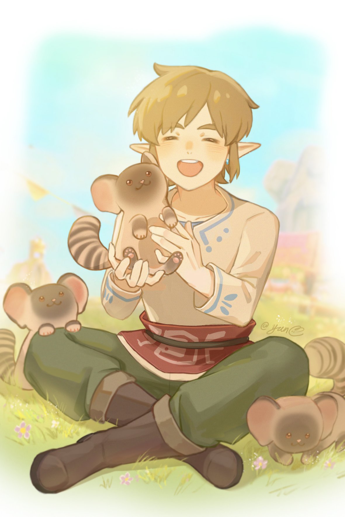 1boy animal boots brown_footwear chinese_commentary commentary_request earrings grass green_pants highres holding holding_animal indian_style jewelry light_brown_hair link male_focus open_mouth pants pointy_ears remlit round_teeth signature sitting smile solo striped_tail tail teeth the_legend_of_zelda the_legend_of_zelda:_skyward_sword yun_(dl2n5c7kbh8ihcx)