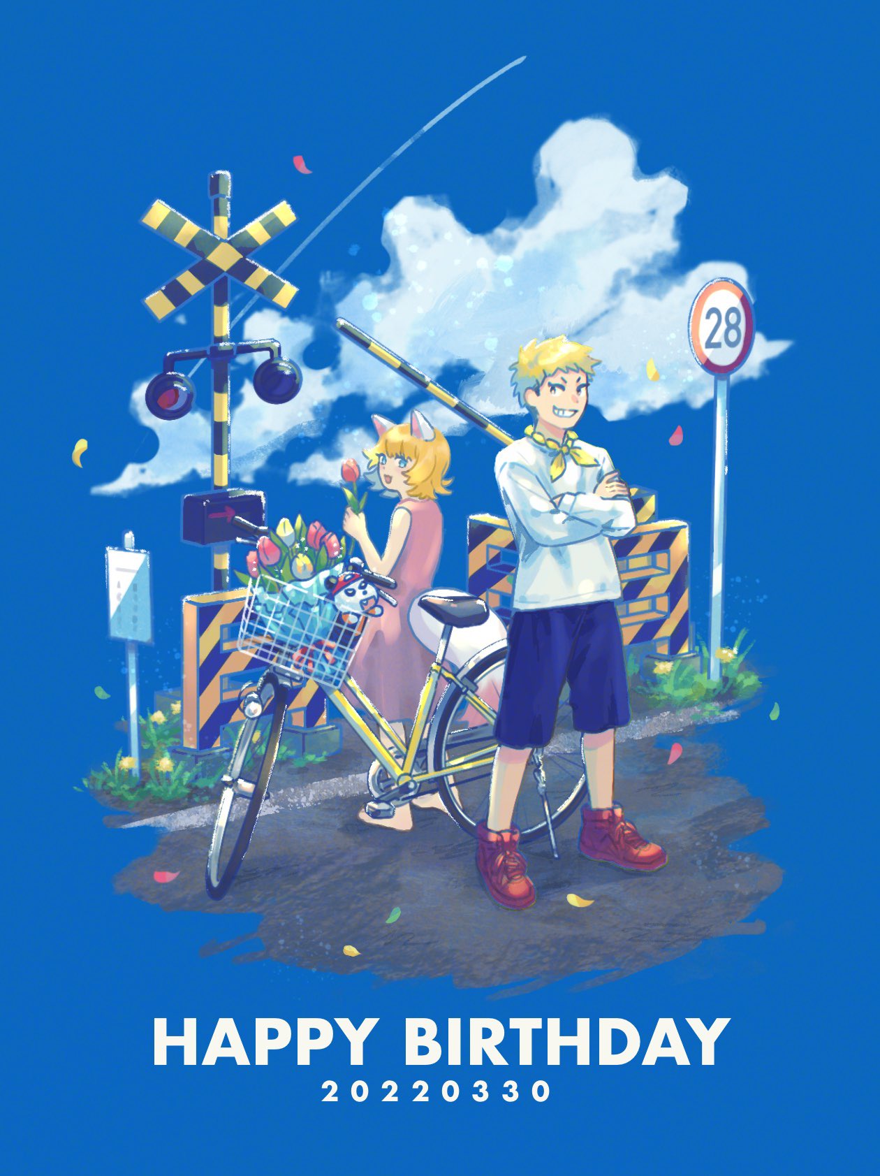 1boy 1girl 39_percent animal_ears bandana bandana_around_neck barefoot bicycle bicycle_basket blonde_hair blue_background blue_shorts boom_barrier border clouds commentary_request contrail crossed_arms dated dress fading_border falling_petals flower grin happy_birthday highres long_sleeves looking_at_viewer looking_back medium_hair napoli_no_otokotachi outdoors pele_(napoli_no_otokotachi) petals pink_dress railroad_crossing railroad_signal red_flower red_footwear road road_sign shirt shoes short_hair shorts sign sleeveless sleeveless_dress smile standing sugiru_(napoli_no_otokotachi) tail tulip v-shaped_eyebrows white_shirt yellow_bandana yellow_flower