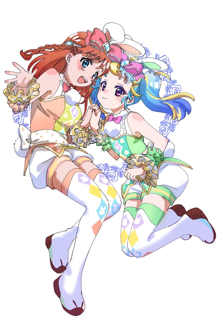 2girls :d animal_ears animal_print bare_shoulders blonde_hair blue_eyes blue_hair blush boots bow braid breasts cat_hair_ornament commentary_request fake_animal_ears flat_chest flower full_body gem green_thighhighs hair_bow hair_ornament hibino_matsuri holding_hands long_hair looking_at_viewer medium_breasts multicolored_hair multiple_girls myamu open_mouth orange_hair orange_shirt orange_thighhighs paw_shoes pink_bow pretty_series rabbit_ears rose shirt shorts side_braid simple_background smile streaked_hair thigh-highs thigh_boots twintails violet_eyes waccha_primagi! white_background white_footwear white_shorts yadehi