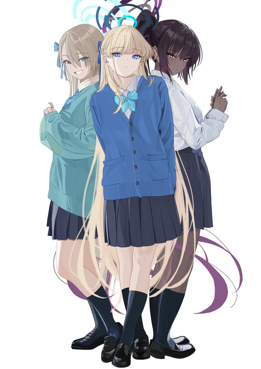 3girls asuna_(blue_archive) black_footwear black_hair black_skirt black_socks blonde_hair blue_archive blue_bow blue_bowtie blue_cardigan blue_eyes blue_halo blue_jacket blue_ribbon bow bowtie braid buttons cardigan closed_mouth collared_shirt commentary dark-skinned_female dark_skin earrings fingernails french_braid full_body gradient_hair hair_bow hair_over_one_eye hair_ribbon halo jacket jewelry karin_(blue_archive) kneehighs light_brown_hair loafers long_hair long_sleeves looking_at_viewer looking_to_the_side multicolored_hair multiple_girls nail_polish no_halo open_mouth own_hands_together pleated_skirt pocket ponytail purple_hair purple_halo ribbon school_uniform shirt shirt_tucked_in shoes shorts simple_background skirt smile socks solo standing straight_hair stud_earrings tnr_(horiko1525) very_long_hair white_background white_shirt