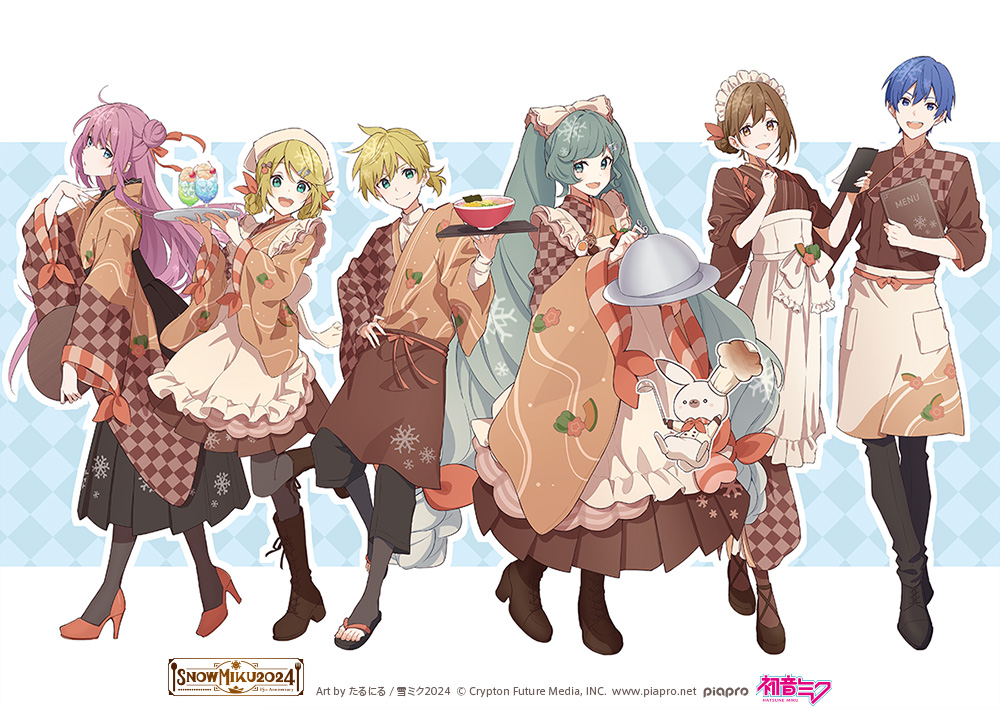 2boys 4girls animal apron aqua_eyes aqua_hair black_pants black_socks blonde_hair blue_eyes blue_hair boots bow bowl braid brown_eyes brown_footwear brown_hair brown_kimono brown_skirt butter buttons carrot_hair_ornament carrot_slice character_name checkered_clothes checkered_kimono chef_hat cherry closed_mouth commentary company_name copyright_notice cross-laced_footwear crypton_future_media double-breasted everyone food food-themed_hair_ornament fork_hair_ornament from_side fruit full_body gradient_hair green_pepper hair_bow hair_bun hair_ornament hairclip hand_on_own_hip hat hatsune_miku high_heel_boots high_heels holding holding_ladle holding_menu holding_tray jacket japanese_clothes kagamine_len kagamine_rin kaito_(vocaloid) kappougi kimono knee_boots lace-up_boots ladle long_skirt looking_at_viewer low_twin_braids maid maid_headdress megurine_luka meiko_(vocaloid) melon_soda menu multicolored_hair multiple_boys multiple_girls neckerchief noodles nori_(seaweed) official_art open_mouth pants piapro pink_hair pleated_skirt rabbit rabbit_yukine ramen red_bow red_footwear red_neckerchief sandals second-party_source serving_dome short_hair short_ponytail skirt smile snowflake_print socks spoon_hair_ornament squash standing standing_on_one_leg star-shaped_food star_(symbol) striped_sleeves talunilu_uu3 tenugui toeless_legwear tray twin_braids twintails vegetable_print vocaloid wa_maid waist_apron white_apron white_bow white_jacket wide_sleeves yuki_kaito yuki_len yuki_luka yuki_meiko yuki_miku yuki_miku_(2024) yuki_rin