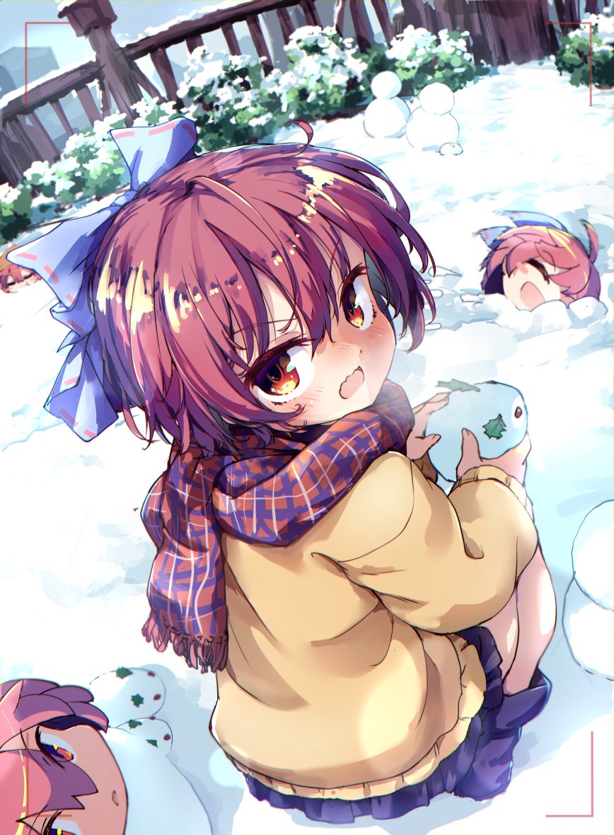 1girl ahoge black_footwear black_skirt blue_bow blush bow commentary_request disembodied_head full_body hair_bow isu_(is88) long_sleeves looking_at_viewer multiple_heads open_mouth outdoors red_eyes redhead sekibanki shirt short_hair sitting skirt snow snow_rabbit snowman solo touhou v-shaped_eyebrows yellow_shirt