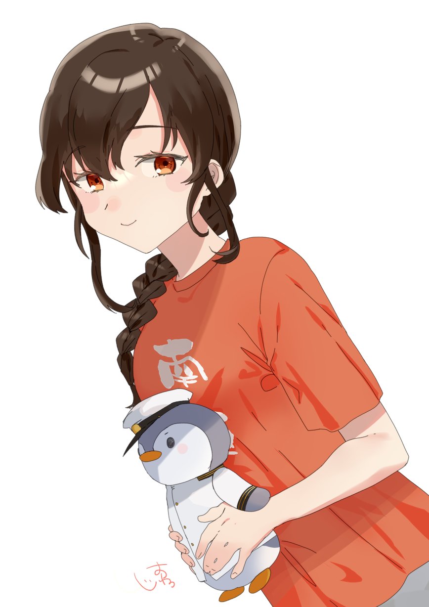 1girl black_hair braid closed_mouth clothes_writing hair_over_shoulder highres holding kantai_collection long_hair looking_at_viewer orange_eyes oriharaizaya819 red_shirt shirt short_sleeves signature simple_background single_braid smile solo souya_(kancolle) stuffed_animal stuffed_penguin stuffed_toy white_background