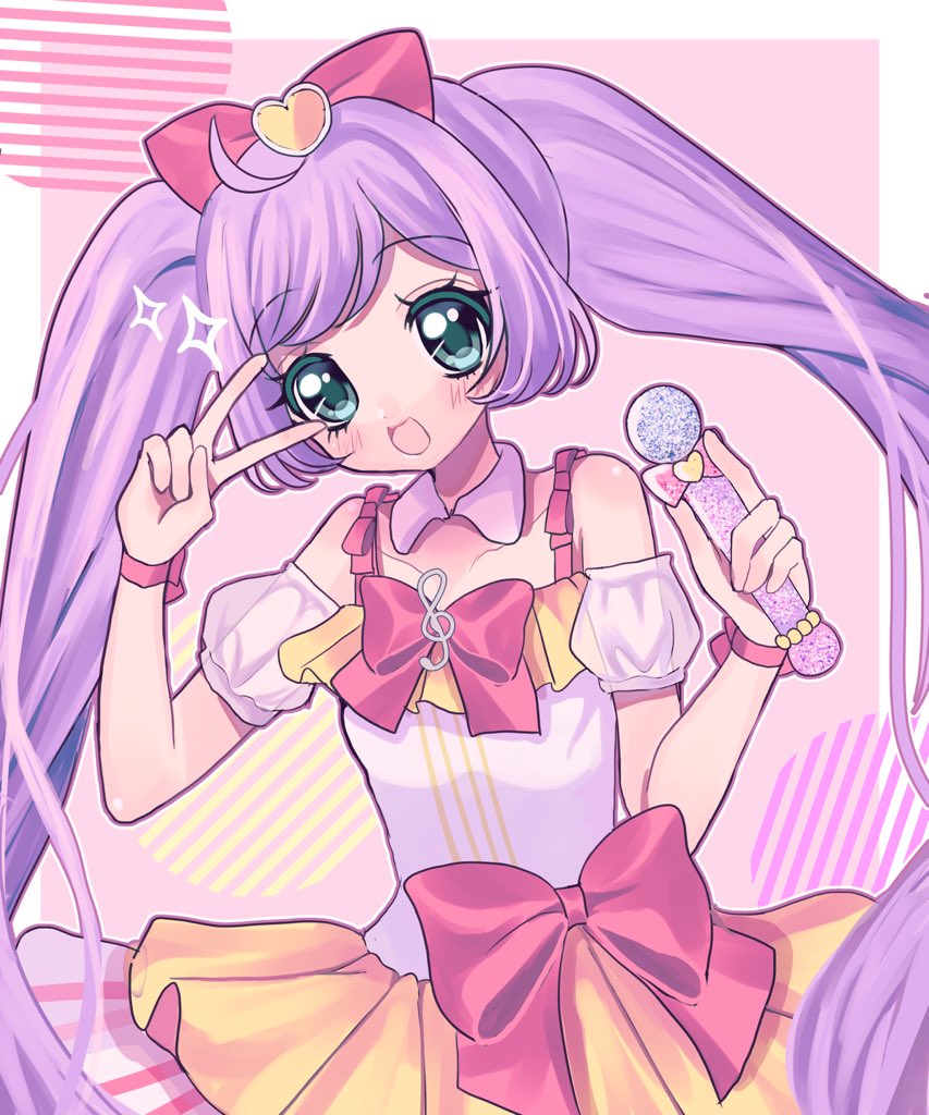 1girl :d ahoge blush border bow detached_collar detached_sleeves dress green_eyes hair_bow hands_up holding holding_microphone long_hair looking_at_viewer manaka_laala microphone multicolored_clothes multicolored_dress open_mouth pink_background pink_bow pretty_series pripara puffy_detached_sleeves puffy_sleeves purple_hair sleeveless sleeveless_dress smile solo sparkle treble_clef twintails v_over_eye very_long_hair waist_bow white_border white_sleeves yuni_(ramm_sweet)