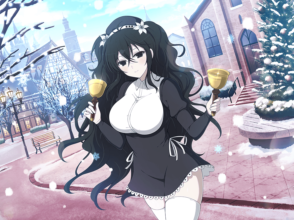 1girl bell bench beret black_eyes black_hair breasts castle christmas christmas_ornaments christmas_tree closed_mouth day dress flower fubuki_(senran_kagura) hair_flower hair_ornament hat hibiscus holding holding_bell house lamppost large_breasts long_hair looking_at_viewer non-web_source official_art senran_kagura senran_kagura_new_link skindentation smile snow_on_tree snowing thigh-highs town tree wavy_hair yaegashi_nan