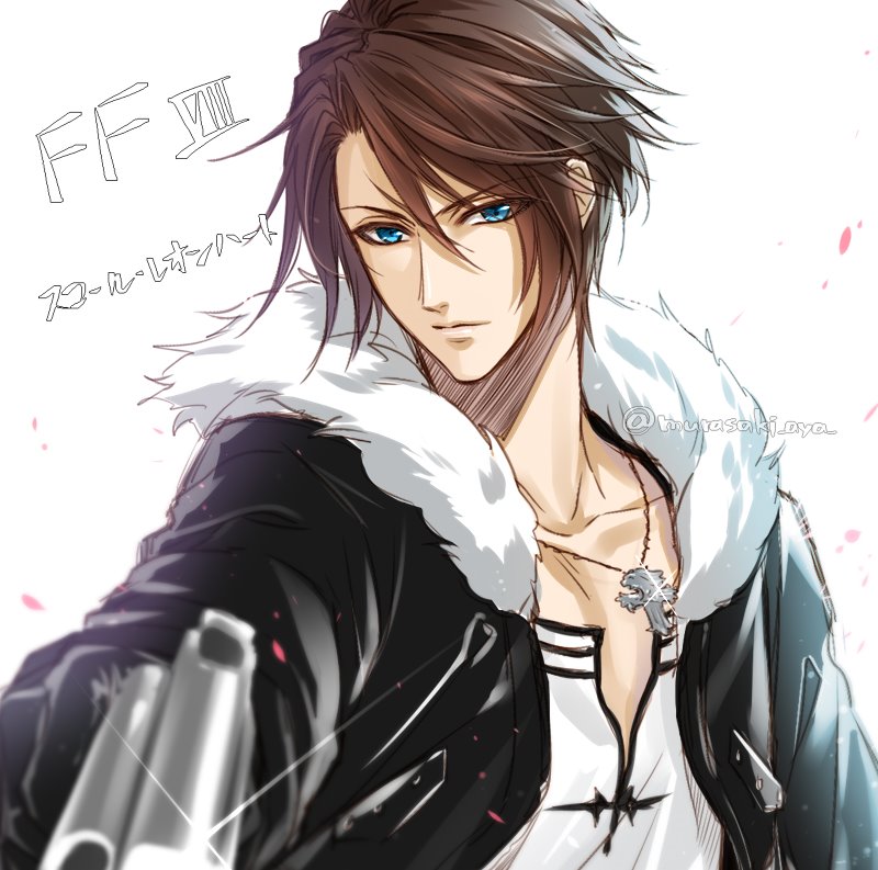1boy bishounen black_gloves black_jacket blue_eyes brown_hair character_name commentary_request copyright_name expressionless falling_petals final_fantasy final_fantasy_viii foreshortening fur-trimmed_jacket fur_trim gloves gun hand_up holding holding_gun holding_weapon jacket jewelry long_sleeves male_focus murasaki_aya necklace open_clothes open_jacket petals scar scar_on_face shirt short_hair solo squall_leonhart translated twitter_username upper_body v-neck weapon white_background white_shirt