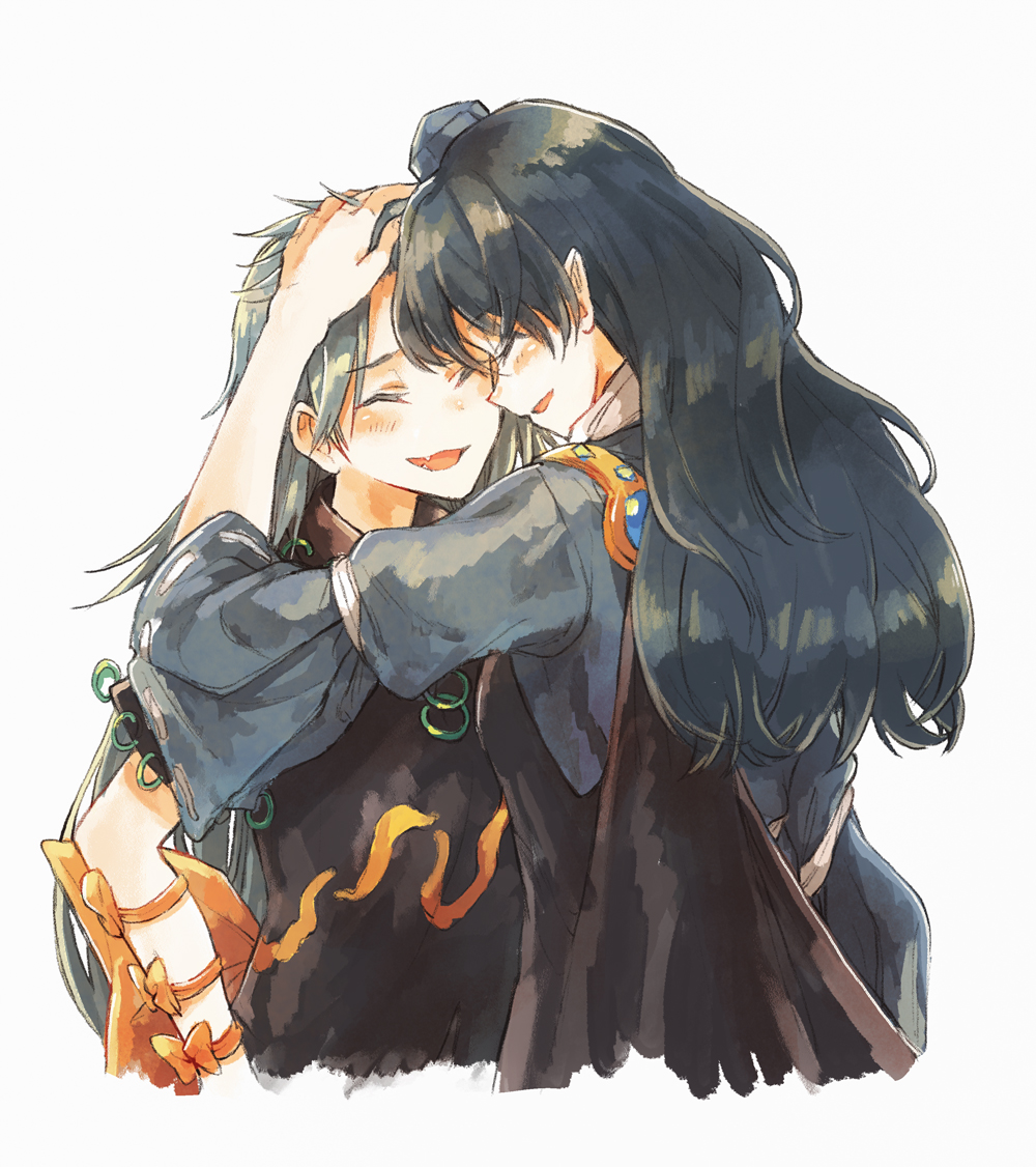 2girls :d ^_^ arm_up black_hair black_shirt blue_dress blush bow closed_eyes collared_shirt commentary_request cropped_torso dress face-to-face facing_another fangs forehead-to-forehead grey_hair hand_on_another's_head happy hat headpat heads_together himemushi_momoyo hisona_(suaritesumi) iizunamaru_megumu jewelry long_hair multiple_girls open_mouth orange_bow pointy_ears profile ribbon-trimmed_sleeves ribbon_trim ring shirt short_sleeves shoulder_guard simple_background sleeve_garter sleeves_past_elbows smile tokin_hat touhou upper_body white_background