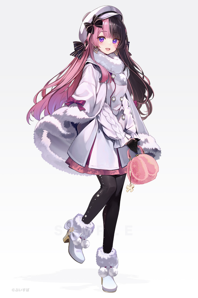 1girl :d asumi_sena bag black_bow black_hair black_pantyhose boots bow cloak commentary_request dress full_body fur-trimmed_boots fur-trimmed_cloak fur_collar fur_trim gradient_background grey_background hat high_heel_boots high_heels highres holding holding_bag long_hair looking_at_viewer multicolored_hair pantyhose peaked_cap pink_hair shirokitsune smile solo standing standing_on_one_leg striped striped_bow two-tone_hair very_long_hair violet_eyes virtual_youtuber vspo! white_background white_cloak white_dress white_footwear white_headwear