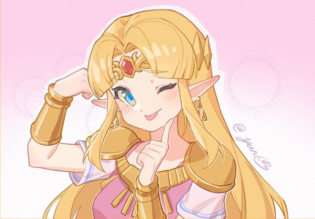 1girl ;p armor blonde_hair blue_eyes breasts chinese_commentary circlet commentary_request earrings index_finger_raised jewelry long_hair medium_breasts one_eye_closed parted_bangs pink_background pointy_ears princess_zelda shoulder_armor signature solo the_legend_of_zelda the_legend_of_zelda:_a_link_between_worlds tongue tongue_out triforce_earrings upper_body vambraces yun_(dl2n5c7kbh8ihcx)