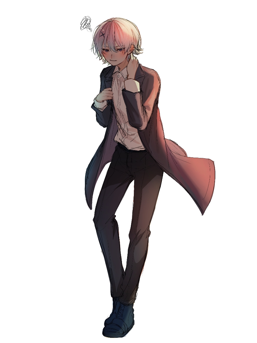 1boy black_jacket black_pants character_request check_character collared_shirt hair_ornament jacket long_sleeves looking_at_viewer open_clothes open_jacket pants shirt shirt_tucked_in shoes short_hair simple_background smile solo squiggle suzuya_juuzou tokyo_ghoul uji_kintoki-kun white_background white_shirt x_hair_ornament