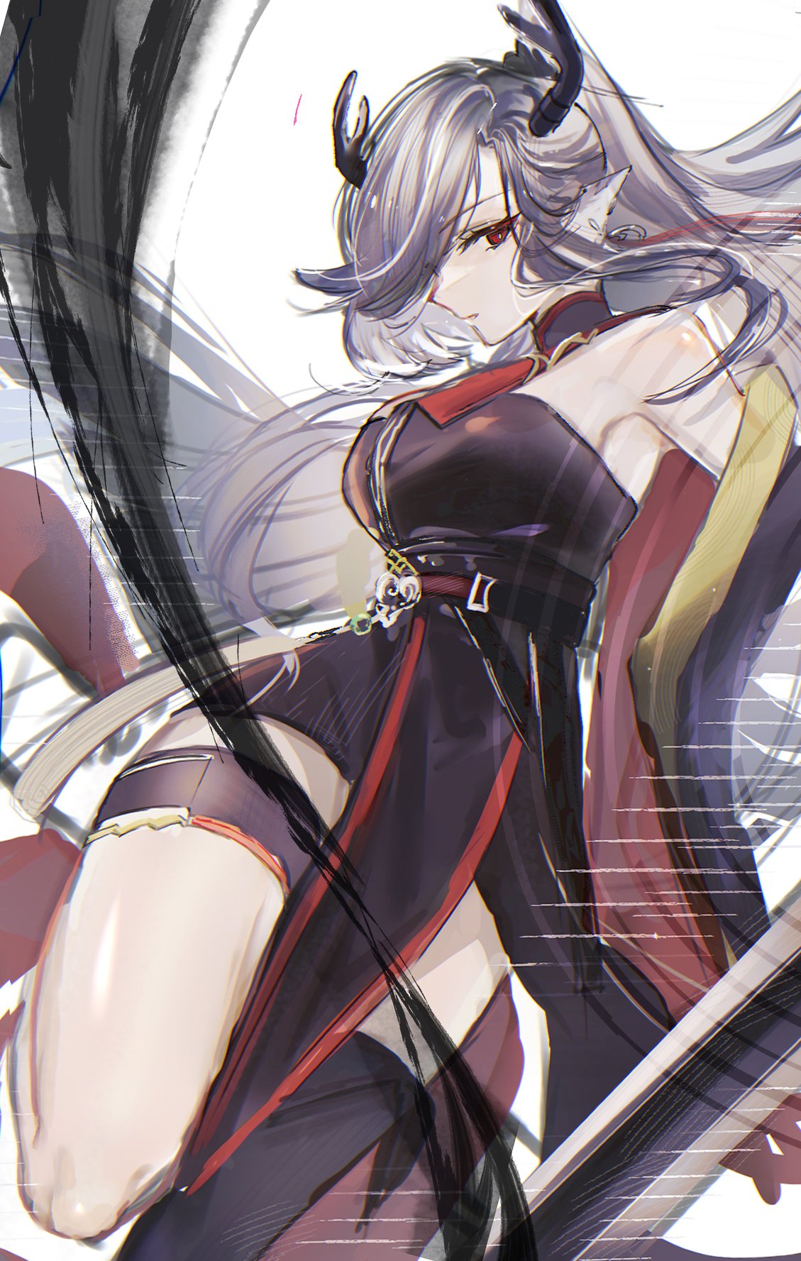 1girl animal_ears antlers arknights armpits black_dress boots breasts coin commentary deer_antlers deer_ears deer_girl dress earrings feet_out_of_frame floating_hair grey_hair highres holding holding_sword holding_weapon holed_coin jewelry knee_boots konota_ko large_breasts long_hair looking_at_viewer one-hour_drawing_challenge parted_lips pelvic_curtain qiubai_(arknights) red_eyes simple_background single_knee_boot sleeveless sleeveless_dress solo sword thigh_strap very_long_hair weapon white_background