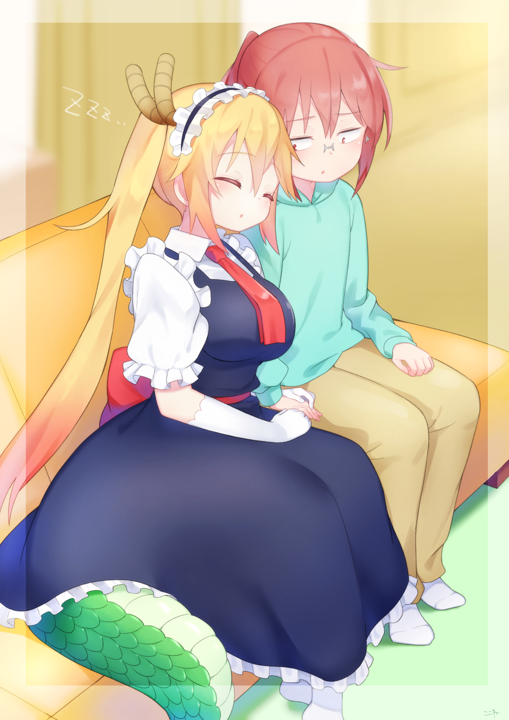 2girls aqua_hoodie blonde_hair blue_dress blurry blurry_background breasts brown_pants closed_eyes commentary_request couch dragon_girl dragon_horns dragon_tail dress elbow_gloves flat_chest frilled_dress frills gloves gradient_hair hair_between_eyes highres horns indoors kobayashi-san_chi_no_maidragon kobayashi_(maidragon) kokone_(coconeeeco) large_breasts long_dress long_hair long_sleeves maid multicolored_hair multiple_girls necktie no_shoes on_couch pants parted_lips pinafore_dress ponytail puffy_long_sleeves puffy_short_sleeves puffy_sleeves red_necktie redhead rimless_eyewear shirt short_hair short_sleeves sitting sleeping sleeping_upright sleeveless sleeveless_dress socks tail tohru_(maidragon) very_long_hair white_gloves white_shirt white_socks zzz