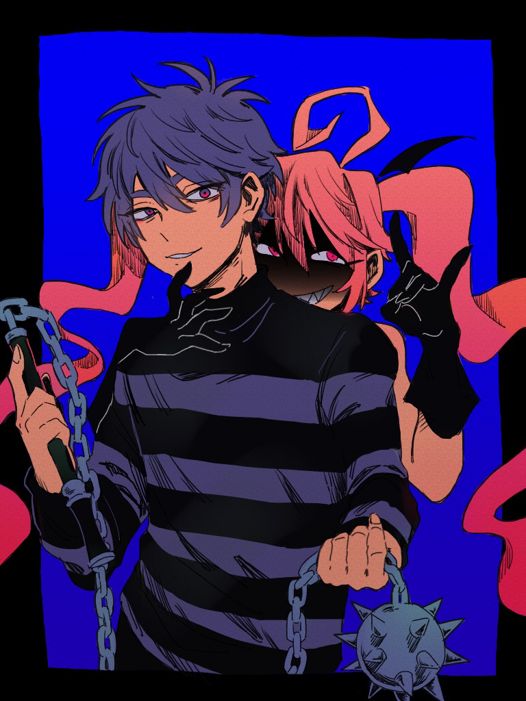 1boy 1girl ahoge alternate_eye_color ball_and_chain_(weapon) behind_another black_border black_gloves black_sweater blue_background border commentary_request evil_grin evil_smile fox_shadow_puppet gloves grin hair_between_eyes hand_on_another's_chin hands_up holding_flail index_finger_raised jack-o'_ran-tan long_hair looking_at_viewer mahou_shoujo_minky_pinky napoli_no_otokotachi outside_border pink_hair purple_hair purple_sweater red_eyes shaded_face sharp_teeth short_hair simple_background smile spiked_ball_and_chain striped striped_sweater sweater teeth turtleneck turtleneck_sweater twintails two-tone_sweater upper_body very_long_hair z_(wikk52)