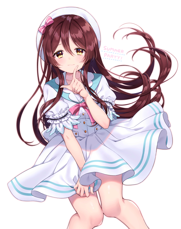 1girl blush breasts brown_hair closed_mouth collarbone dot_nose dress english_text floating_hair hair_between_eyes hand_on_own_leg hand_up hat hat_ribbon idolmaster idolmaster_shiny_colors index_finger_raised knees_apart_feet_together long_hair looking_at_viewer medium_breasts neck_ribbon osaki_tenka pink_ribbon ribbon short_sleeves simple_background smile solo usano white_background white_dress white_headwear yellow_eyes