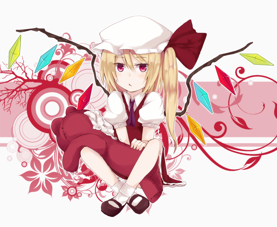1girl bad_id bad_pixiv_id black_footwear blonde_hair collared_shirt flandre_scarlet frilled_skirt frills full_body hair_between_eyes hat katakura_nayuuki long_hair looking_at_viewer mary_janes mob_cap multicolored_wings one_side_up pink_background puffy_short_sleeves puffy_sleeves red_eyes red_skirt red_vest shirt shoes short_sleeves simple_background skirt socks solo stuffed_animal stuffed_toy teddy_bear touhou vest white_background white_headwear white_shirt white_socks wings