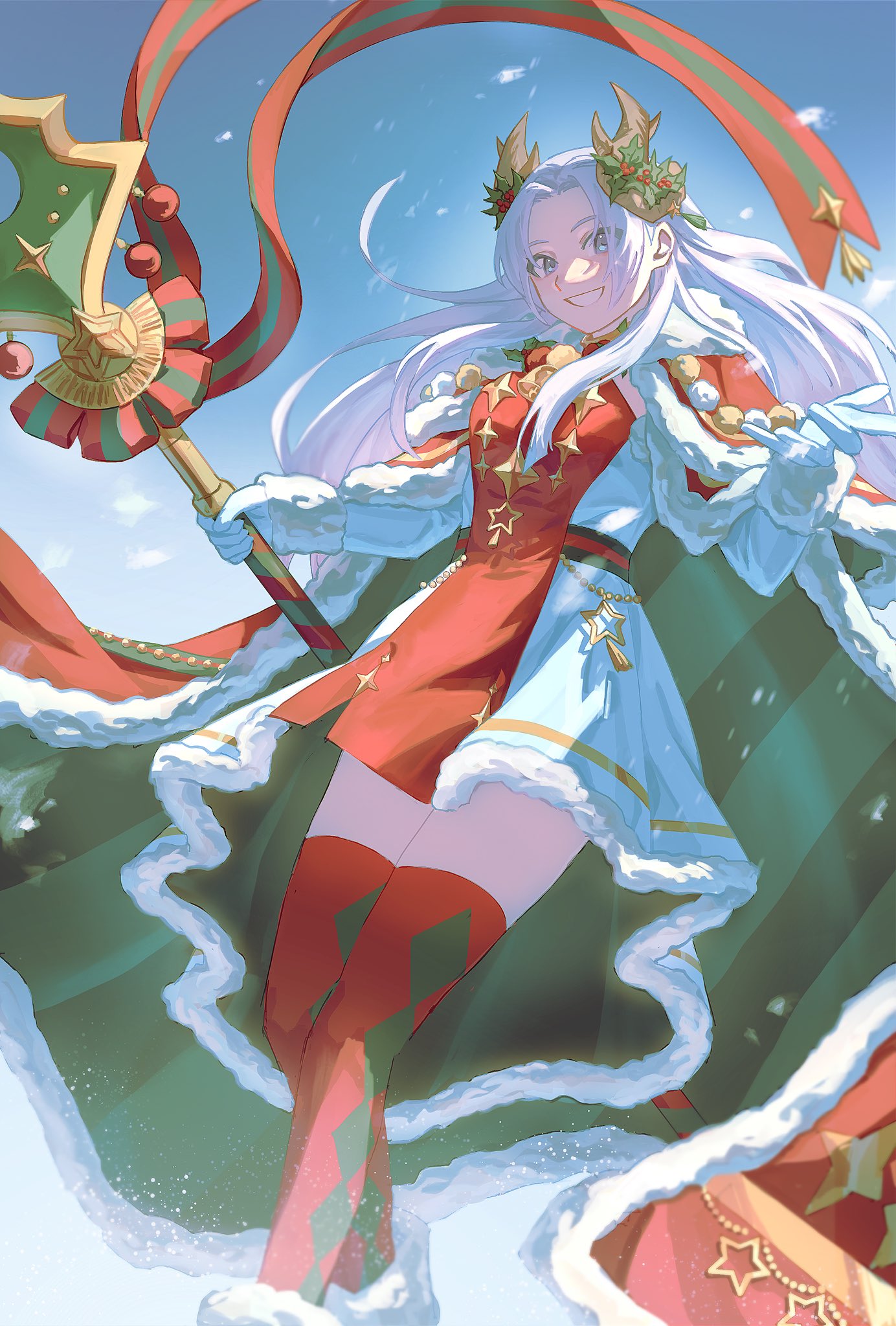 1girl babykatafan cape christmas dress edelgard_von_hresvelg edelgard_von_hresvelg_(snowfall_future) fake_horns fire_emblem fire_emblem:_three_houses fire_emblem_heroes gloves green_cape grin highres holding holding_polearm holding_weapon horns long_hair looking_at_viewer multicolored_clothes multicolored_dress official_alternate_costume polearm red_cape red_dress red_thighhighs smile solo thigh-highs weapon white_dress white_gloves white_hair yellow_horns