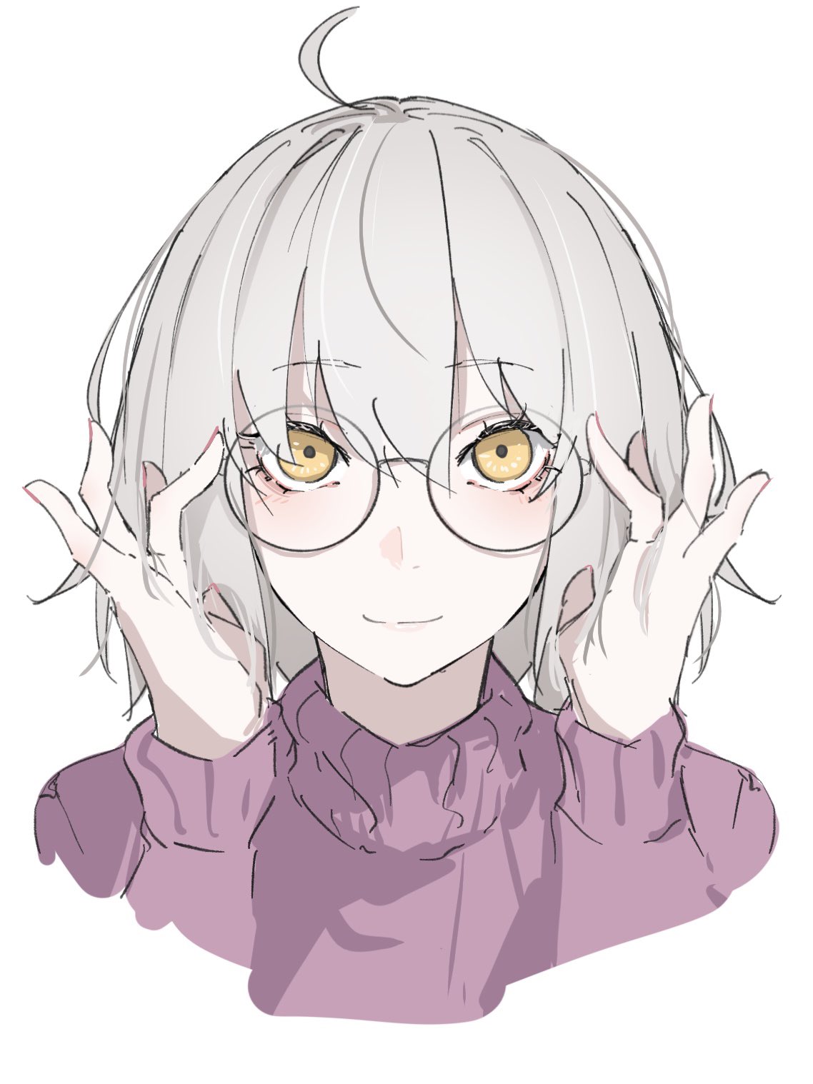 1girl adjusting_eyewear ahoge alternate_costume closed_mouth commentary_request fate/grand_order fate_(series) glasses grey_hair hair_between_eyes highres jeanne_d'arc_alter_(fate) long_sleeves looking_at_viewer pale_skin pink_sweater ri_o_ne_su round_eyewear short_hair simple_background smile solo sweater turtleneck turtleneck_sweater white_background yellow_eyes
