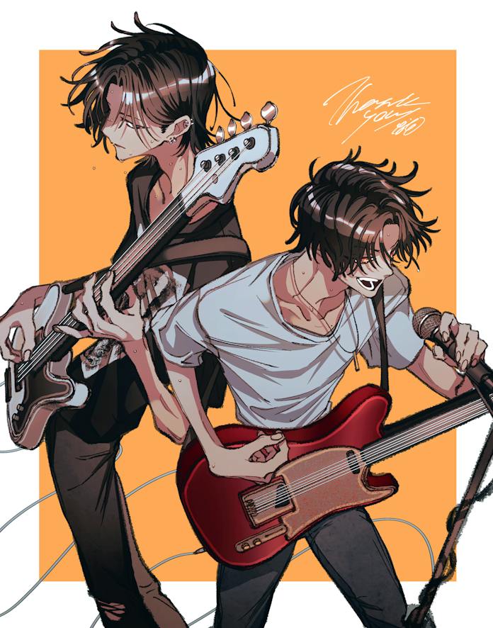 2boys black_shirt border brown_hair brown_pants closed_mouth collarbone commentary_request commission electric_guitar eyes_visible_through_hair feet_out_of_frame fingernails guitar holding holding_guitar holding_instrument holding_microphone instrument jpeg_artifacts looking_ahead looking_at_another male_focus messy_hair microphone microphone_stand multiple_boys music naotin3333 open_mouth orange_background orange_eyes original outside_border pants playing_instrument shirt short_hair short_sleeves signature simple_background singing skeb_commission skinny standing sweat thank_you torn_clothes torn_pants white_border white_shirt