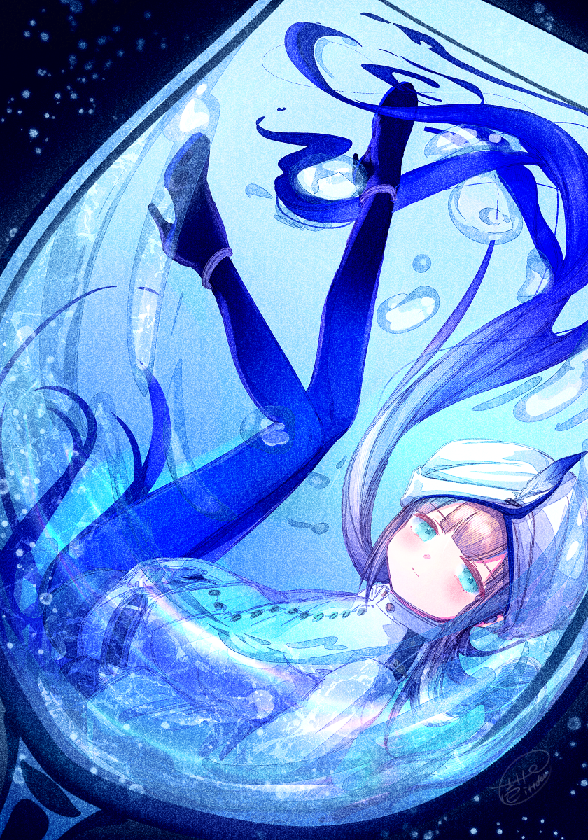 1boy air_bubble blue_eyes blue_hair blue_pantyhose blush brown_hair bubble captain_nemo_(fate) closed_eyes commentary_request cup drinking_glass fate/grand_order fate_(series) from_side full_body gradient_hair gradient_legwear hair_floating_upwards hat_feather high_heels highres in_container in_cup ittokyu jacket legs_up long_hair long_sleeves looking_at_viewer looking_to_the_side male_focus multicolored_hair nemo_(fate) pantyhose partially_submerged revision shoulder_boards solo turban very_long_hair water white_jacket wine_glass